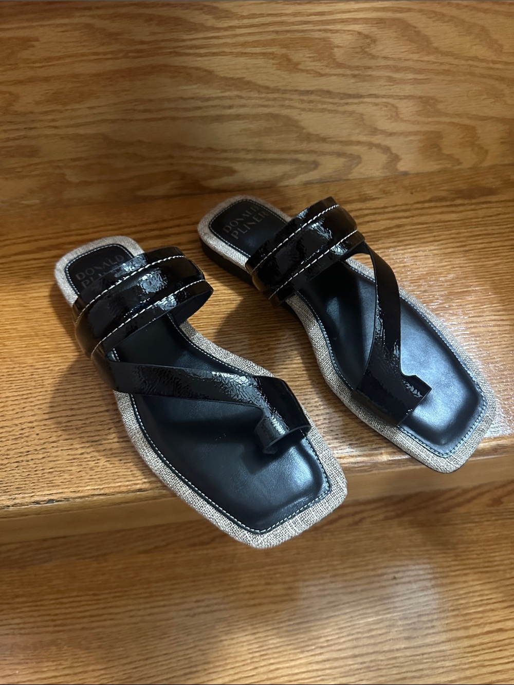 Donald J. Pliner Black Patent Leather Crisscross Toe-Loop Sandals